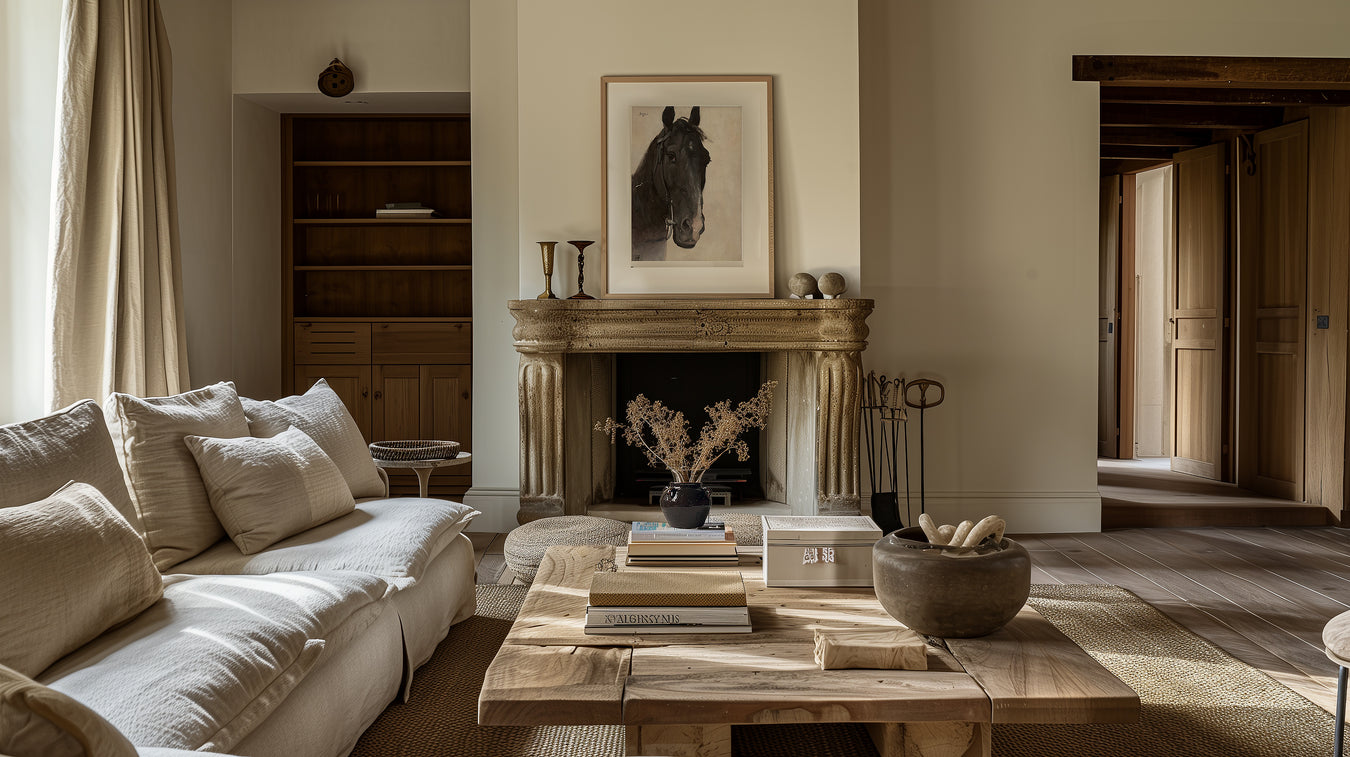 home decor of elegant and timeless living room in earthy tones