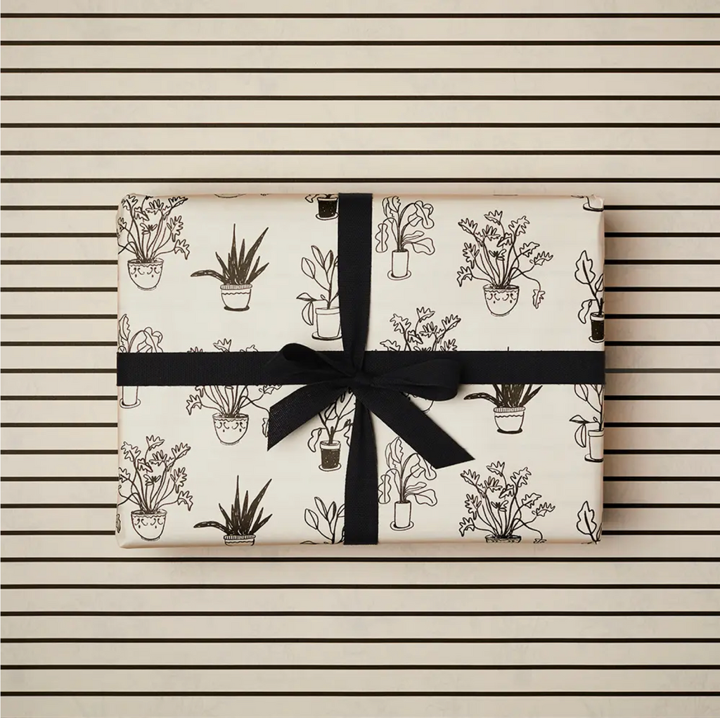 CHRISTMAS WRAPPING PAPER - STRIPES AND IVORY PLANTS
