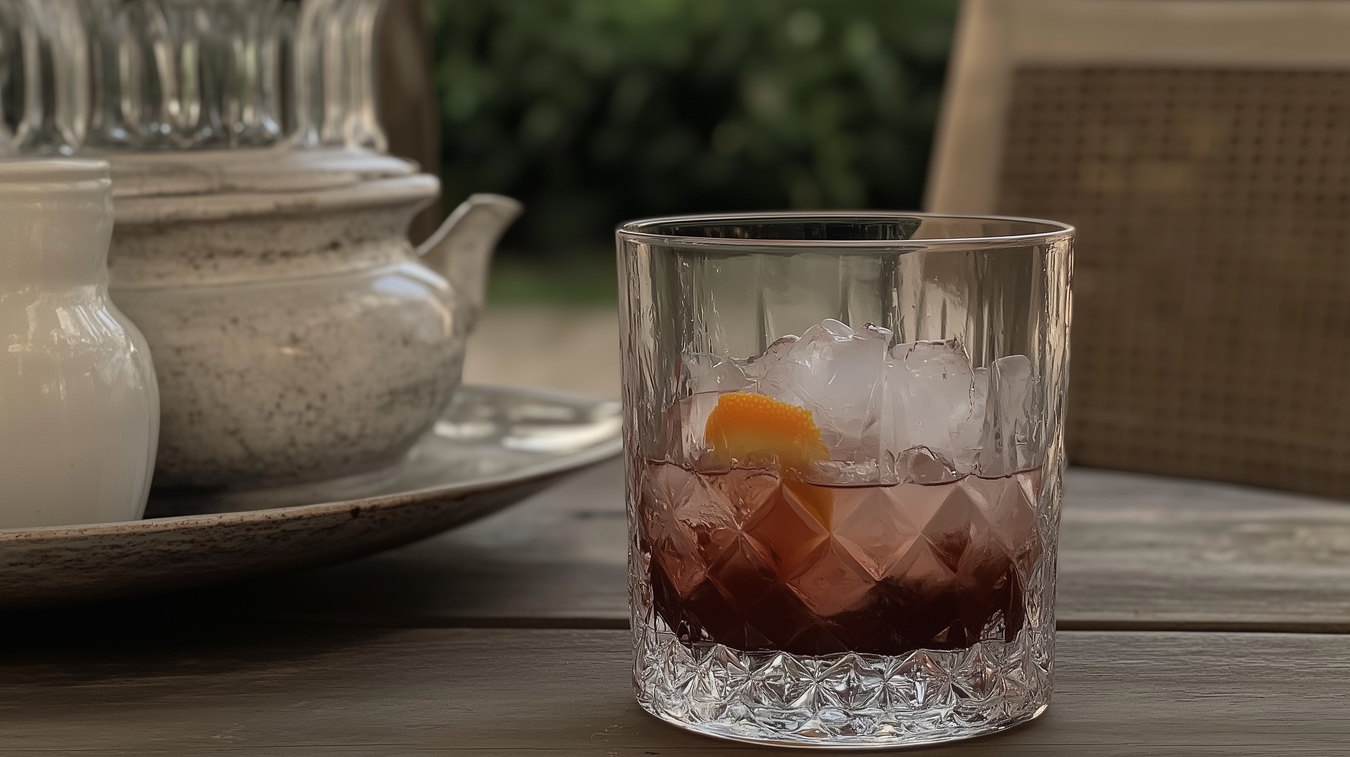 Cocktail Negroni classique dans un verre en cristal, avec glaçon et tranche d’orange – élégance italienne